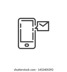 Mobile phone message line icon. Cellphone with envelope linear style sign for mobile concept and web design. Smartphone mail outline vector icon. Symbol, logo illustration. Vector graphics