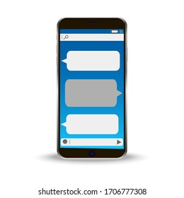 Mobile phone with message signs on a blue screen. Vector illustration. Stock drawing.