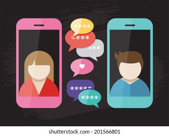 Mobile phone messages connection vector illustration in flat design style with colorful speech bubbles between  two personal man and women mobile devices  