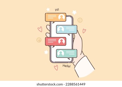 Mobile phone with messages in hands of person using social networks to correspond with friend and communicate with colleagues. Smartphone with SMS or email messages from dating sites or messenger app 