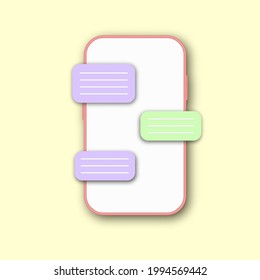 Teléfono móvil con mensajes en la pantalla. Concepto de aplicación de chat. Notificaciones de mensajes de texto en smartphone. Burbujas de voz y alertas de inserción en la pantalla. Ilustración vectorial como plantilla de representación 3d.