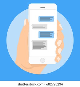 Mobile phone messages vector illustration. Smart Phone chatting sms template bubbles. Place your own text to the message clouds. Compose dialogues using samples bubbles