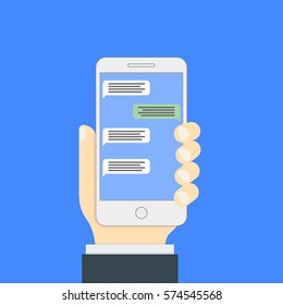 Mobile Phone With Messaging Icon. Hand hold smartphone. Creative flat design vector illustration.