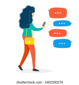 Mobile phone messenger concept. Text conversation online in speech bubbles. Dialog with a friend. Woman holding smartphone. Flat illustration