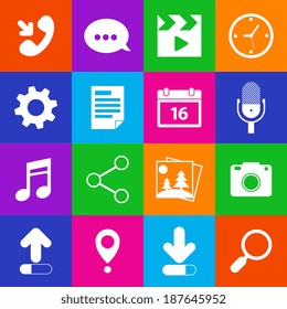 Mobile phone metro applications microphone mail video clock icons set  isolated vector illustration