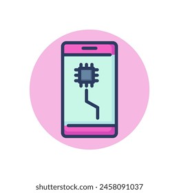 Mobile phone with microchip on screen line icon. CPU, microprocessor, microchip outline sign. Phone repair, service, breakdown concept. Vector illustration, symbol element for web design