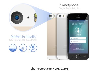 Mobile phone mock up with application UI demo. Mobile phone user interface mock up. Front and back sides smart phone mock up. Gold mobile phone mock up for application demo.
