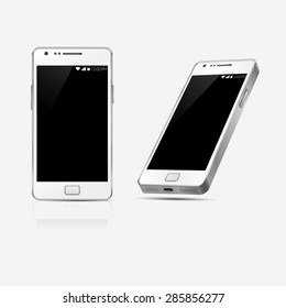 Mobile phone mock up with blank screen isolated on white background. Vector illustration. Game and application mockup. Realistic white perspective smartphones vector set. Perspective 