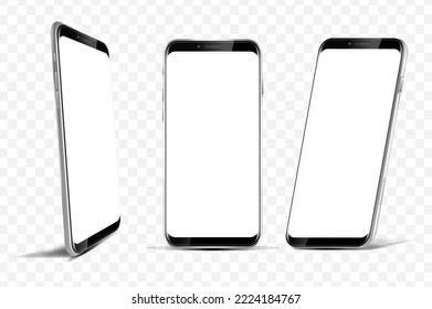 Mobile phone mockup 3d set in realism design. Bundle of smartphone presentation template, generic device with empty screen in different angles of view isolated realistic elements. Vector illustration