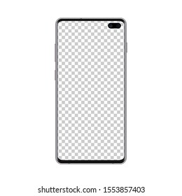 Mobile Phone Mockup Black Color With Transparent Blank Screen. Vector Smart Cell Phone Template For Showing Web And App Design. Vector Realistic Illustration On White.