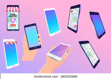 Mobile Phone Mockup With Blank Screen In Different Isometric Perspective. Vector Illustration Of A Phone In A Man's Hand.