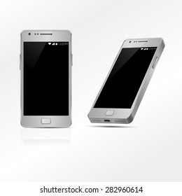 Mobile phone Mockup with blank screen isolated on white background. Vector illustration. Game and application mockup. Realistic smartphones vector set. Perspective smartphone set. .