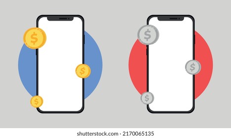 Mobile phone mockup with coins around it for finance.
