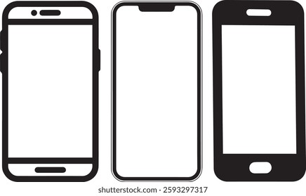 Mobile phone mockup collection featuring realistic modern vector smartphones in various styles, sizes, and orientations, including blank screens for customization