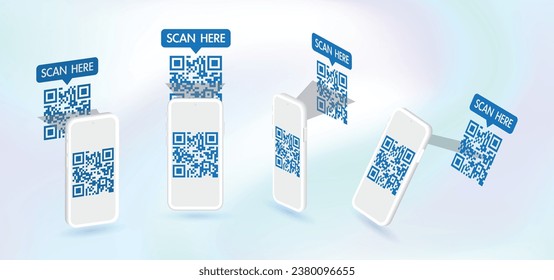 Parodias de teléfonos móviles desde diferentes ángulos escaneando el código QR a través de un smartphone. Escáner de código QR para aplicaciones móviles y pagos. Smartphone analiza el concepto de banner de código QR. Vector.