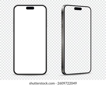 Mobile phone mockup. Front and side view with white and empty screen on transparent background.