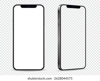 Montagem de telefone celular. Vista frontal e lateral com tela branca e vazia sobre fundo transparente.