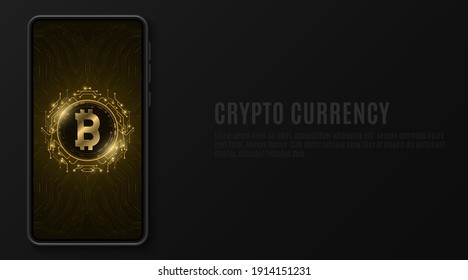 Mobile Phone Mockup With Golden Bitcoin On Touch Screen. Cryptocurrency Software. Digital Currency Mining. Blockchain For Graphic Design. Computer Circuit Board Pattern. Vector Illustration. EPS 10.