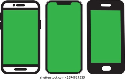 Mobile phone mockup with green screen collection featuring realistic modern vector smartphones in various styles, sizes, and orientations, including blank screens for customization