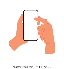 Mobile phone mockup in hand. Finger scrolling smartphone screen, surfing internet, reading. Flat vector illustration isolated on white