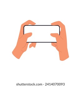 Mobile phone mockup in hand. Holding horizontal smartphone screen, playing game, fingers on display. Flat vector illustration isolated on white