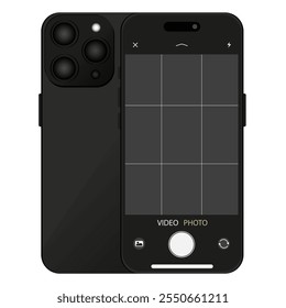 Montagem de telefone celular com janela de câmera aberta e linhas de terços. Design de modelo de telefone celular realista com vista de câmera em branco. Plano de fundo transparente isolado do smartphone. Ilustração vetorial. 