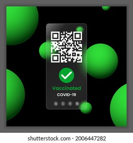 Mobile phone mockup with qr code and vaccination certificate covid 19 passport . Mockup in glassmorphism style. Glass transparent smartphone. Mobile app. 3d realistic vector. Black background