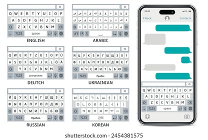 Mobile phone mockup with sms chat. English, Arabic, Germany, Ukrainian, Korean and Russian phone keyboards.