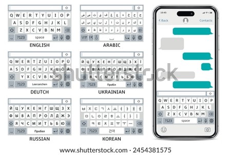 Mobile phone mockup with sms chat. English, Arabic, Germany, Ukrainian, Korean and Russian phone keyboards.