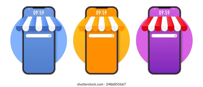 Modelo del teléfono móvil con toldo de la tienda. Compre canopy en el teléfono inteligente, App de compras. Diseño de concepto de compras en línea. Ilustración vectorial