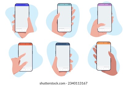 Mobile phone mockup vector collection - Illustration bundle with hands holding  smartphones in flat design with white background