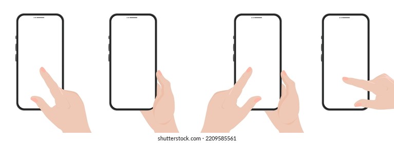 Mobile phone mockup with white blank screen on white background. A man's hand is holding a smartphone. Vector image.
