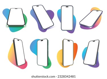 Mobile phone mockups. Smartphone display frame on abstract gradient blob shape, bright 3D app presentation template vector set. New cellphone model with touchscreen, smart isolated device