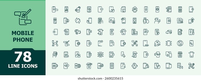 Mobile Phone modern icon set. It contains symbols to phone, web, communication, smartphone, mobile and more. Minimalist linear icons. Cellphone icon. Editable stroke collections.