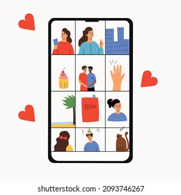 Mobile phone monitor. Social networks, social media feeds. Photos on social networks.