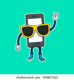 Mobile phone. Monster. Hero. Hand drawn. Cartoon graffiti style. Vector illustration. T-shirt print. Logo element. Street art concept.