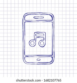 Mobile phone and music note, outline design. Hand drawn picture on paper sheet. Blue ink, outline sketch style. Doodle on checkered background