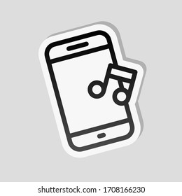 Mobile phone and music note, outline design. Sticker style with white border and simple shadow on gray background