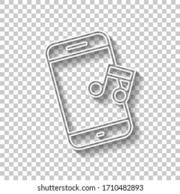 Mobile phone and music note, outline design. White outline sign with shadow on transparent background