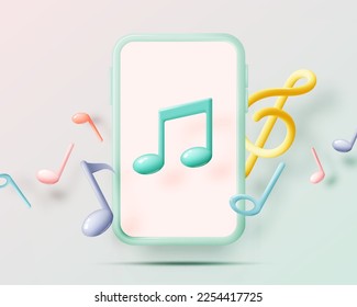 Mobile phone with Music notes, song, melody or tune 3d realistic vector icon for musical apps and websites background vector illustration