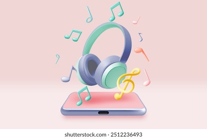 Mobile phone with Music notes, song, melody or tune 3d realistic vector icon for musical apps and websites background vector illustration