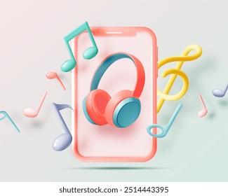Mobile phone with Music notes, song, melody or tune 3d realistic vector icon for musical apps and websites background vector illustration