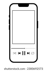 Mobile phone with music player app. Black vector icon of smartphone