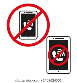 Mobile phone with muted call symbol. No phone calls allowed icon. Silent mode and communication restriction. Vector illustration. EPS 10.