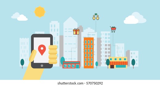 Mobile phone navigation app and gps concept with flat icons. Urban landscape flat illustration.