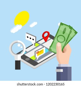 Mobile phone with navigation city map and icons. Typing the message, a new email message, point location. Large magnifying glass for searching. Big hand with green cash
