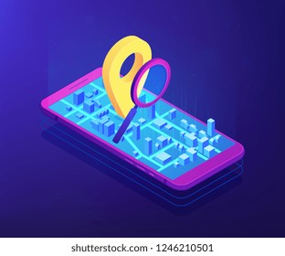 Mobile Phone With Navigation Pin On City Map App And Magnifier. Mobile Tracking Soft, Navigation Mobile App, Gps Tracking Application Concept. Ultraviolet Neon Vector Isometric 3D Illustration.