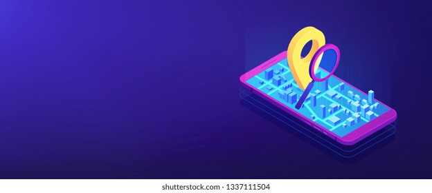 Teléfono móvil con pin de navegación en la aplicación de mapa de la ciudad y el amplificador. software de seguimiento móvil, aplicación móvil de navegación, concepto de aplicación de seguimiento gps. Espacio de copia de la plantilla de encabezado de banner 3D isométrico.