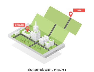 Mobile phone navigation, taxi destination vector concept, technology online plot a route, 3d city map on smartphone device cartoon picture