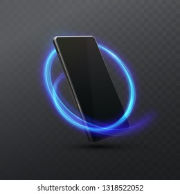 Mobile phone with neon light trail isolated on dark transparent background. Vector 3d illustration of smartphone. Realistic technology gadget design